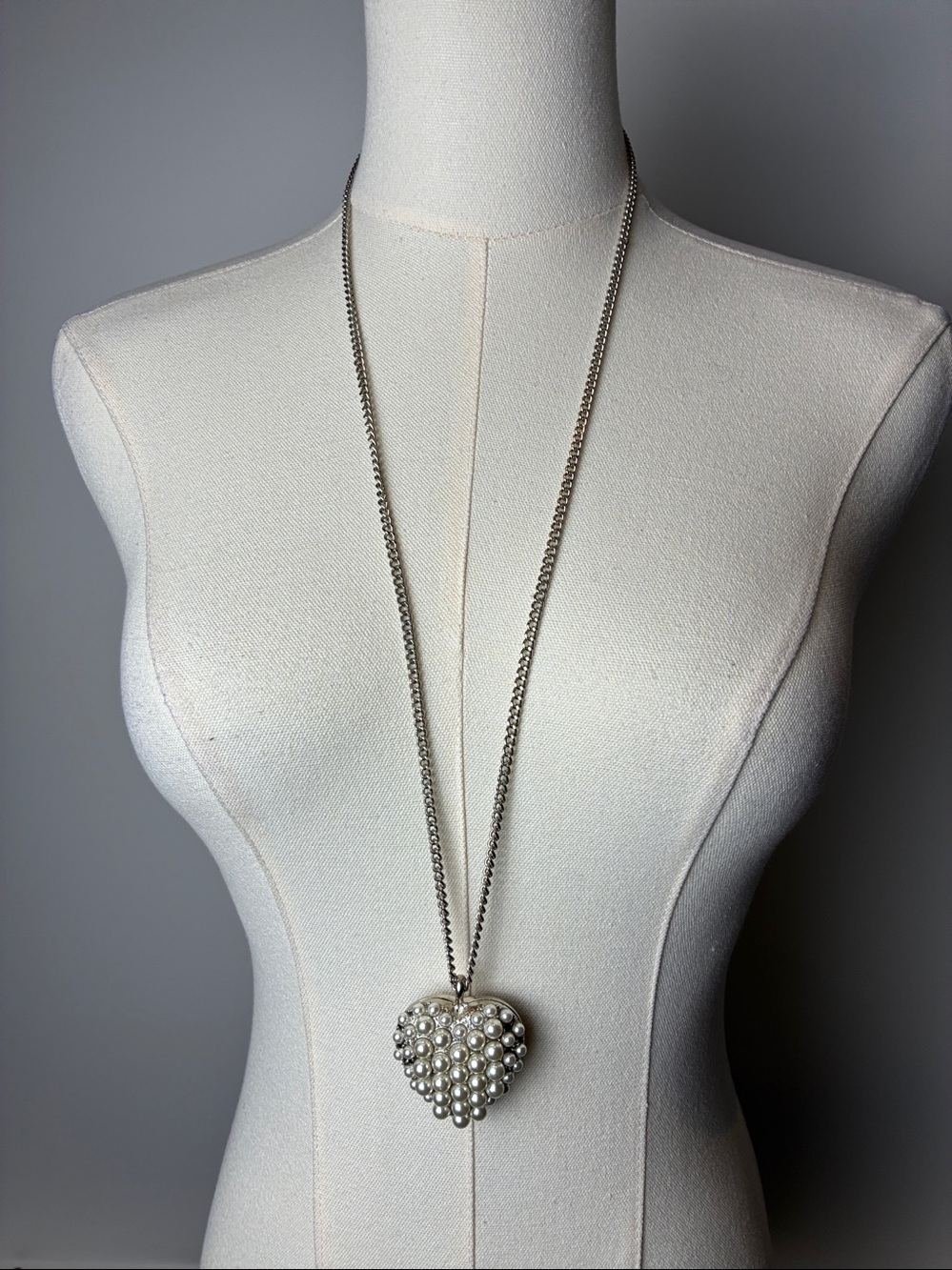 Faux Pearl Heart Pendant Long Necklace - Silver Tone